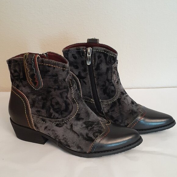 L' Artiste Country Pop Velvet and Leather Booties - Picture 1 of 16